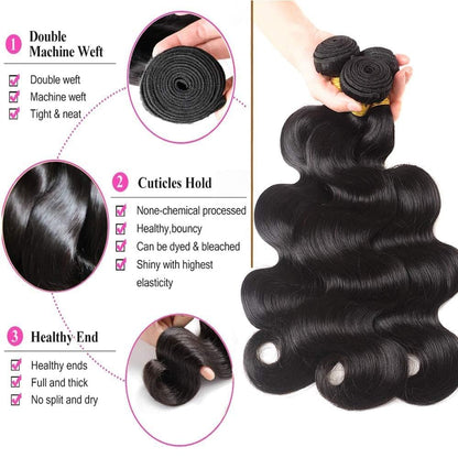 Body Wave Bundles Human Hair 16 18 20 22 Inch 10A Grade Human Hair Bundles Body Wave 4 Bundles 100% Unprocessed Brazilian Virgin Hair Extensions Natural Black
